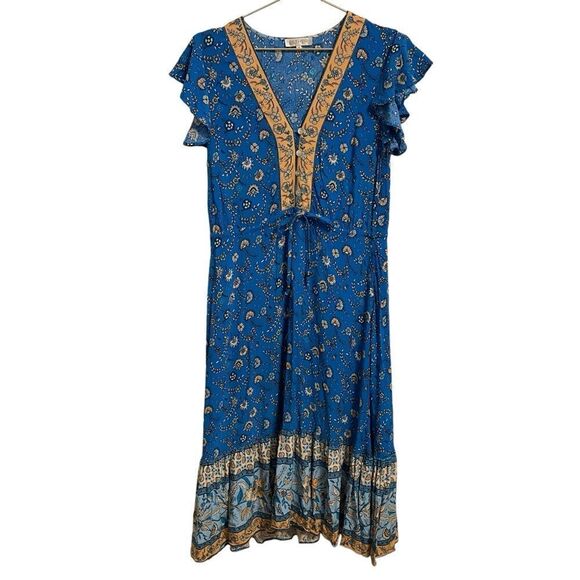 ESTHER V Neck Short Sleeve Boho Midi Dress Blue Tan Size 10 - Picture 1 of 8